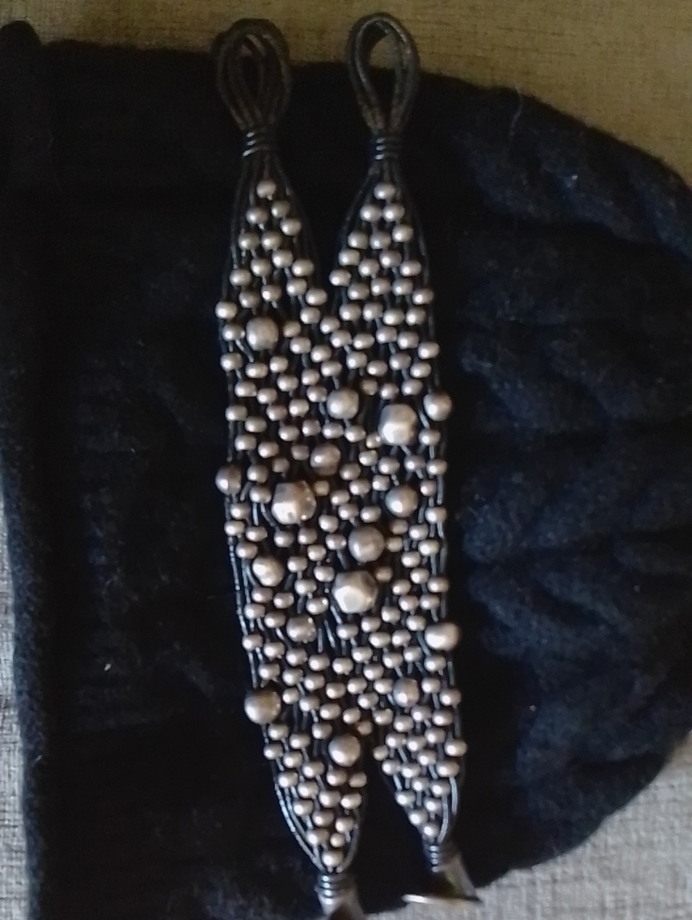 Handwoven Black Bracelet with Silver Beads